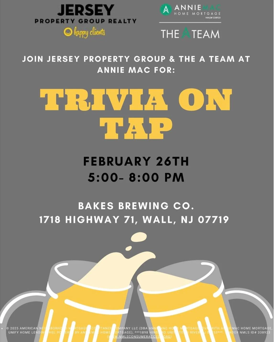 ✨To all our amazing clients, family, and friends &mdash; come out, grab a drink, and play some trivia with us. 

Join Us for Trivia on Tap with Jersey Property Group Realty &amp; "The A Team" at AnnieMac Home Mortgage 🍻📝

🗓 Thursday, Feb