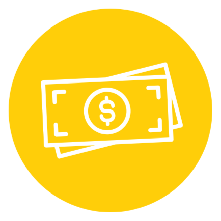Icon of paper money with a dollar sign, on a yellow circular background.