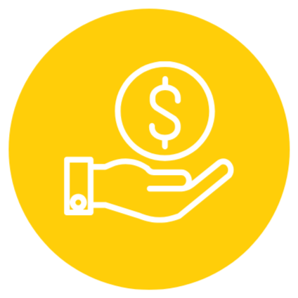 Outline of a hand holding a coin with a dollar sign, within a yellow circle.