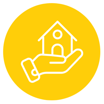 Outline of a house resting on an open hand, set against a yellow circular background.