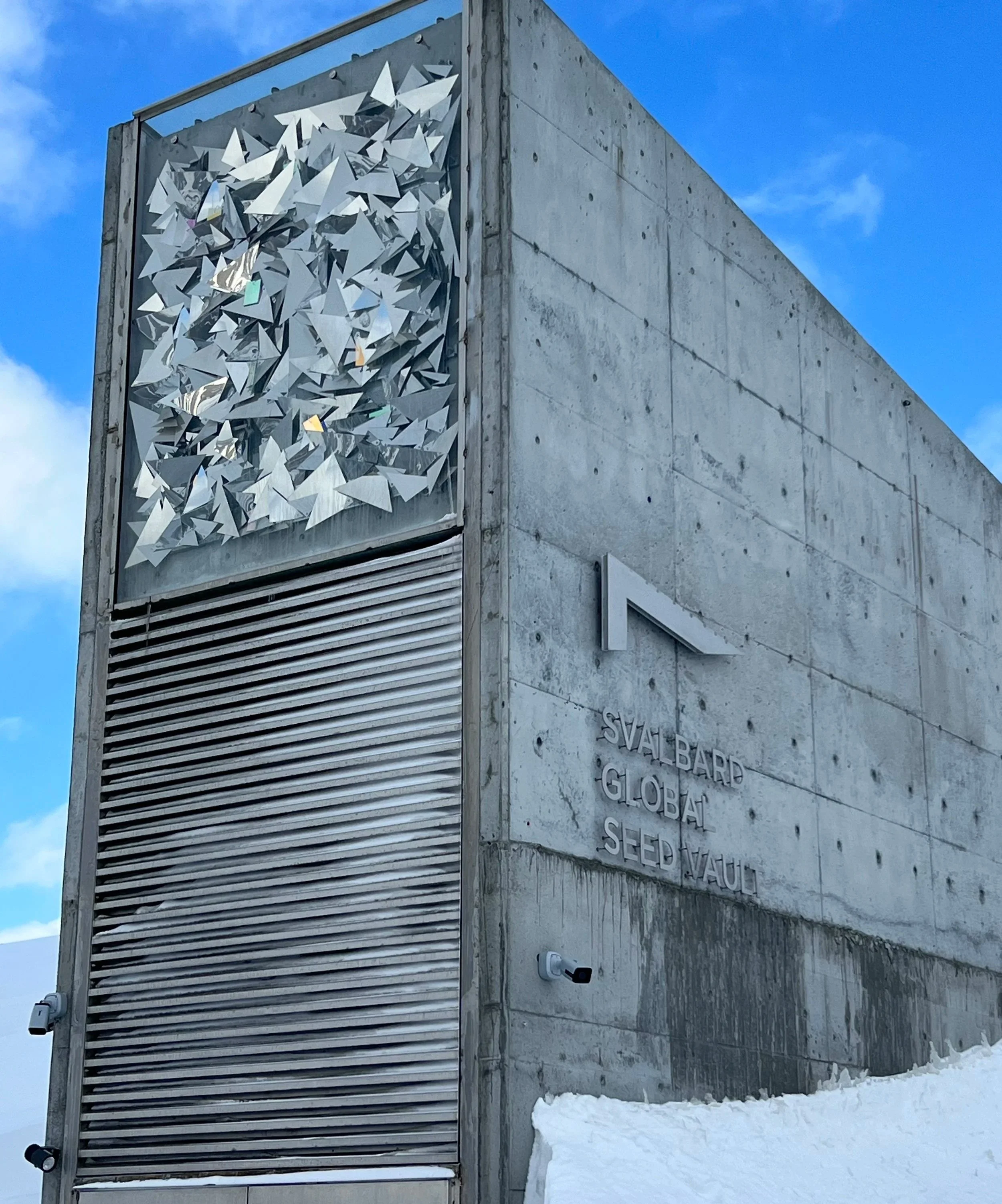 Semi-close view of the Svalbard Global Seed Vault entrance embedded in the Arctic mountainside in Longyearbyen, Svalbard