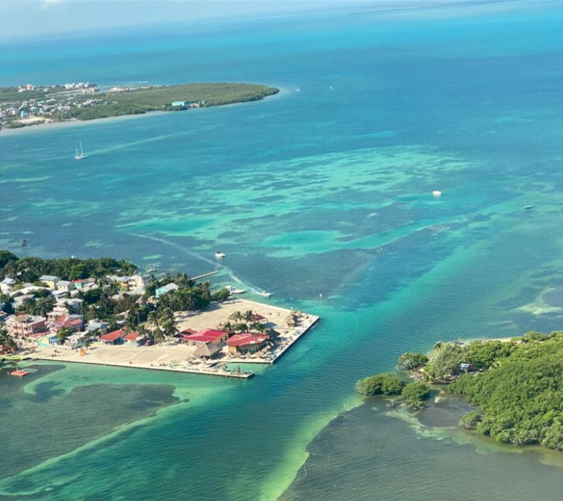Caye Caulker Belize The Split aerial view from plane reefs below