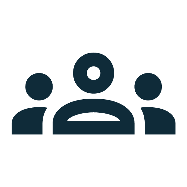 Icon of a person speaking in front of two people, representing a meeting or presentation.