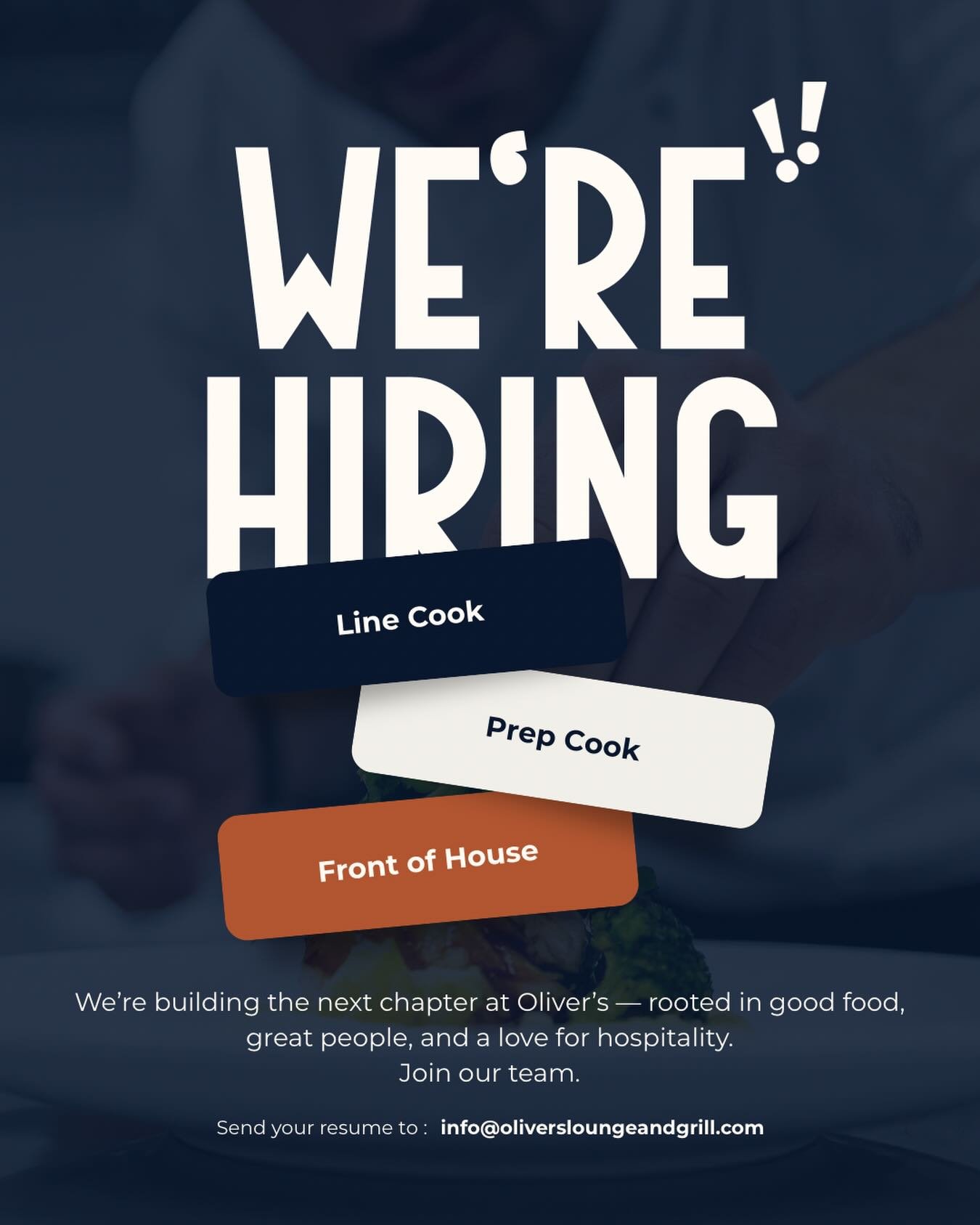✨ Join the Oliver&rsquo;s Team ✨

At Oliver&rsquo;s, we&rsquo;re passionate about good food, welcoming spaces, and the people who make it all happen.

We&rsquo;re hiring:
&bull; Front of House &mdash; Hosts &amp; Servers
&bull; Back of House &mdash; 