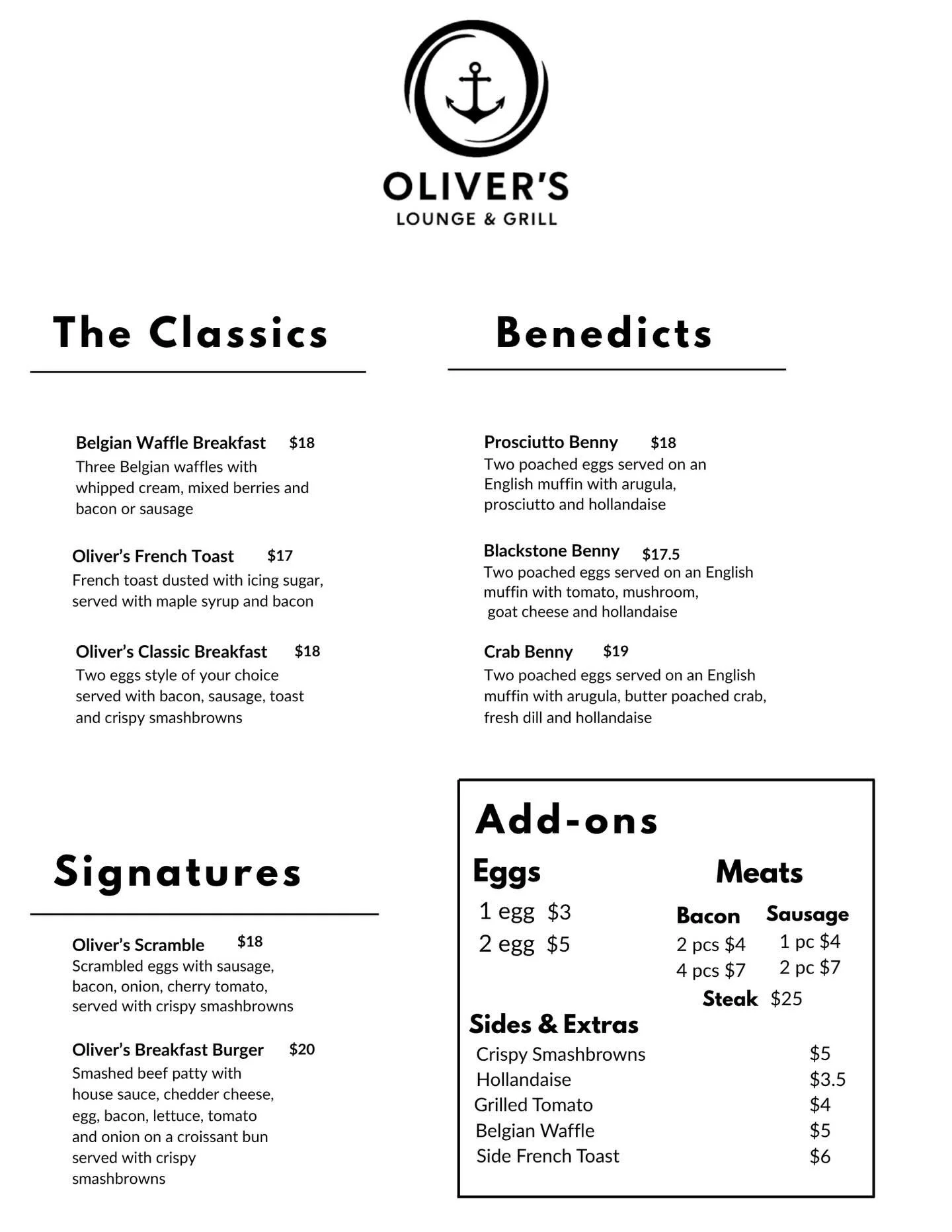Your Sunday&rsquo;s just got better!✨
Oliver&rsquo;s Lounge &amp; Grill is excited to introduce our new breakfast menu, we will be open 9-11:30 starting this Sunday for breakfast!🍳