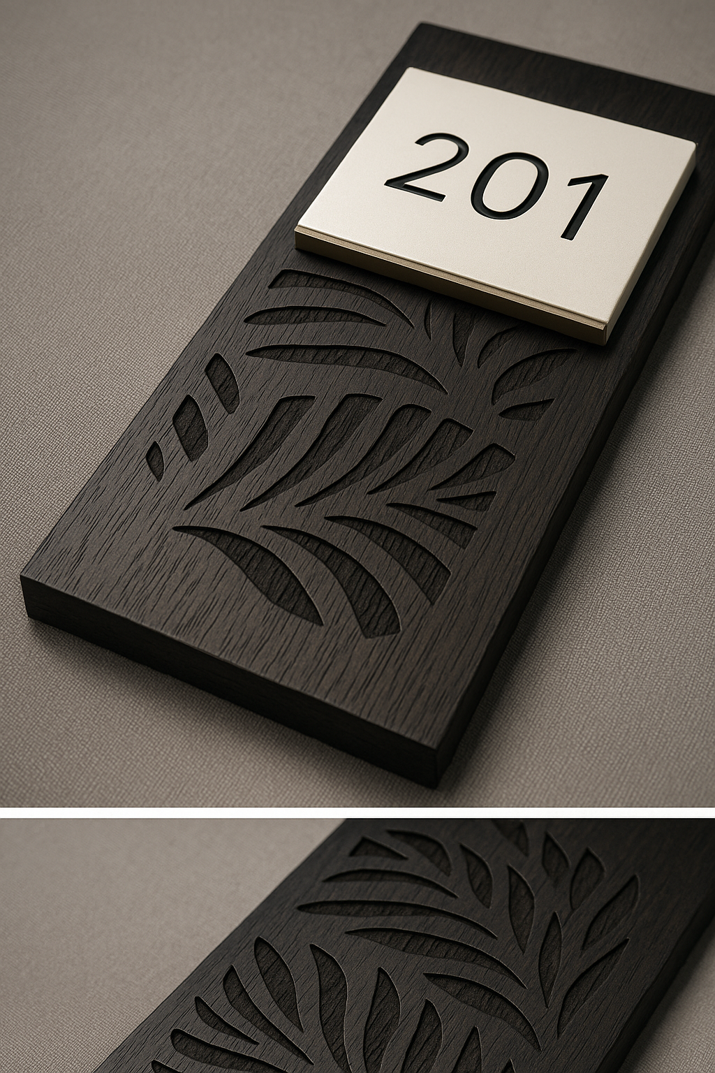 Close-up of a modern black wooden door with a decorative carved leaf pattern and a white room number plaque reading '201'.