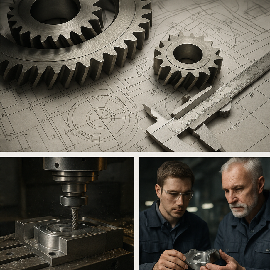 photorealistic collage representing seven stages of engineering and manufacturing. The image features metallic gears and technical blueprints (reverse engineering), precision machining equipment (process optimization), engineers collaborating over me