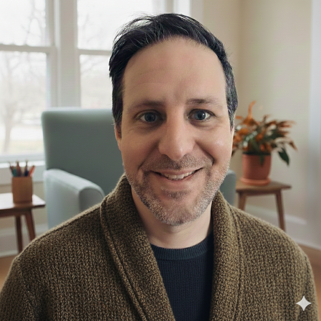 A man with dark hair and a beard smiling at the camera in a cozy room with large windows, a potted plant on a side table, and a stool with colored pencils in the background.