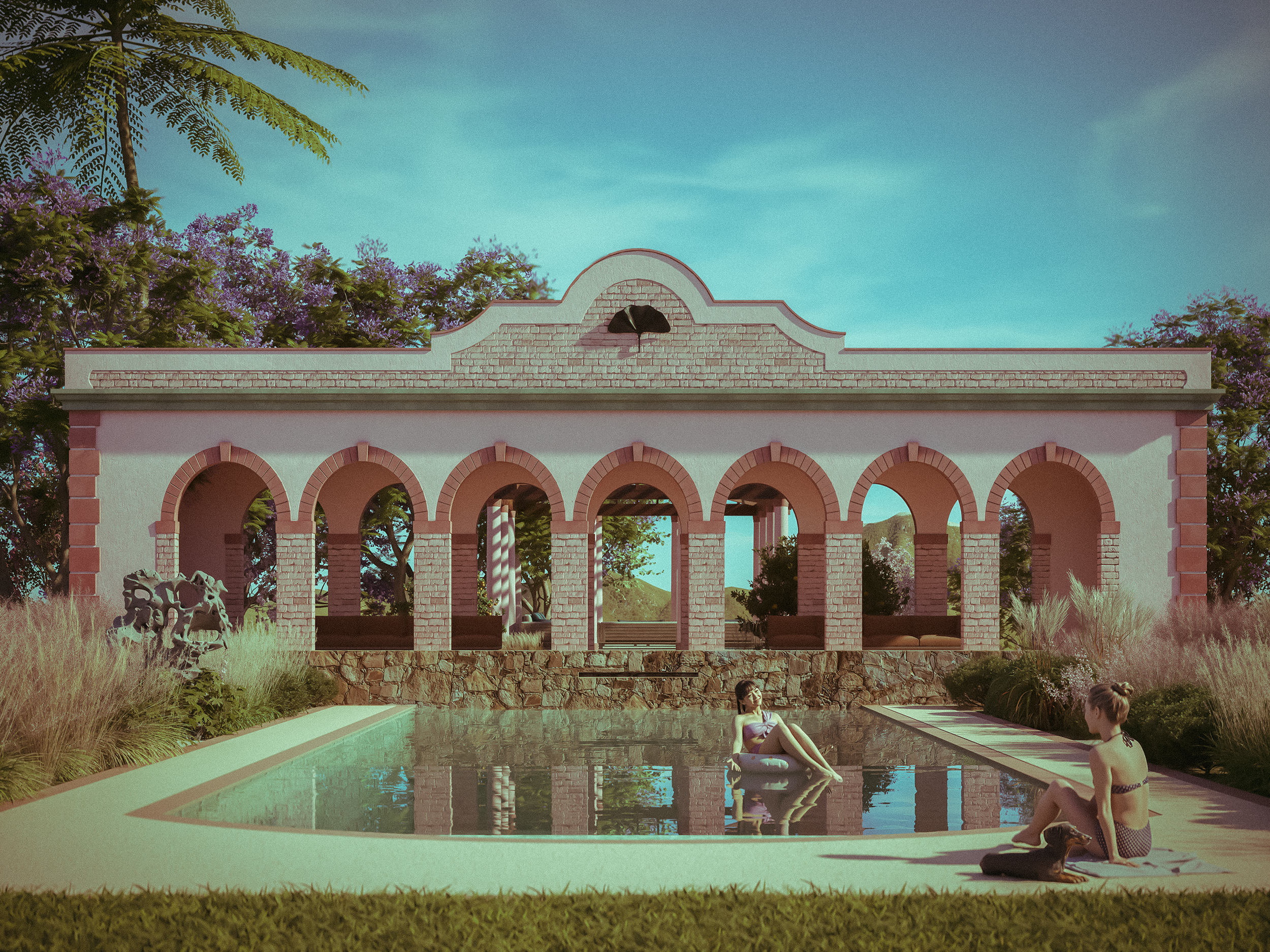 Imagem de projeto. Pórtico com 14 arcos. No primeiro plano pessoas numa piscina e no fundo a paisagem montanhosa de Minas Gerais.