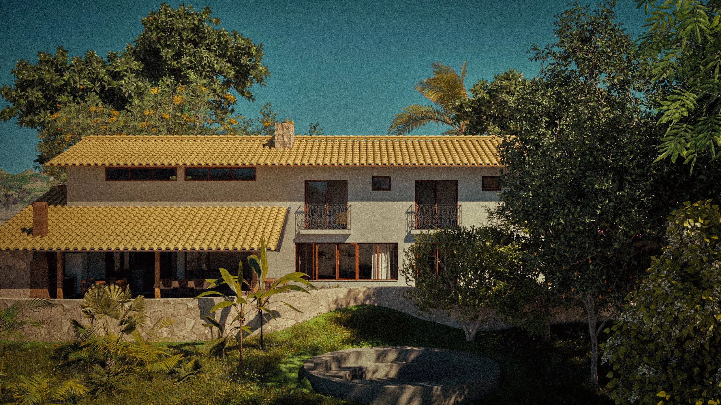 Casa moderna de dois andares com telhado de telhas amarelas, cercada por árvores e vegetação, com jardim e área de lazer.