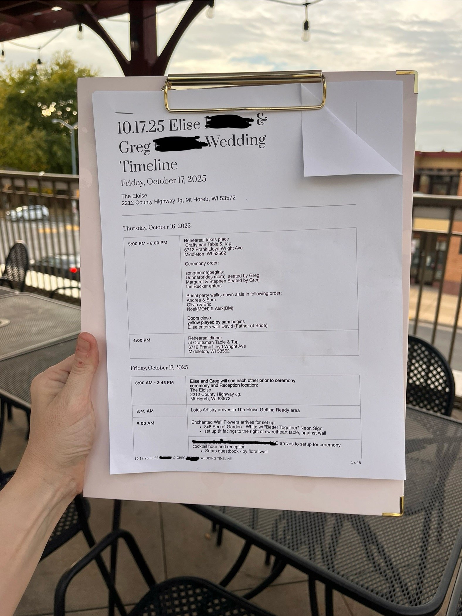Wedding timeline program listing events and schedule for Elise and Greg's wedding on October 17, 2025, held at The Eloise in Middleton, Wisconsin.