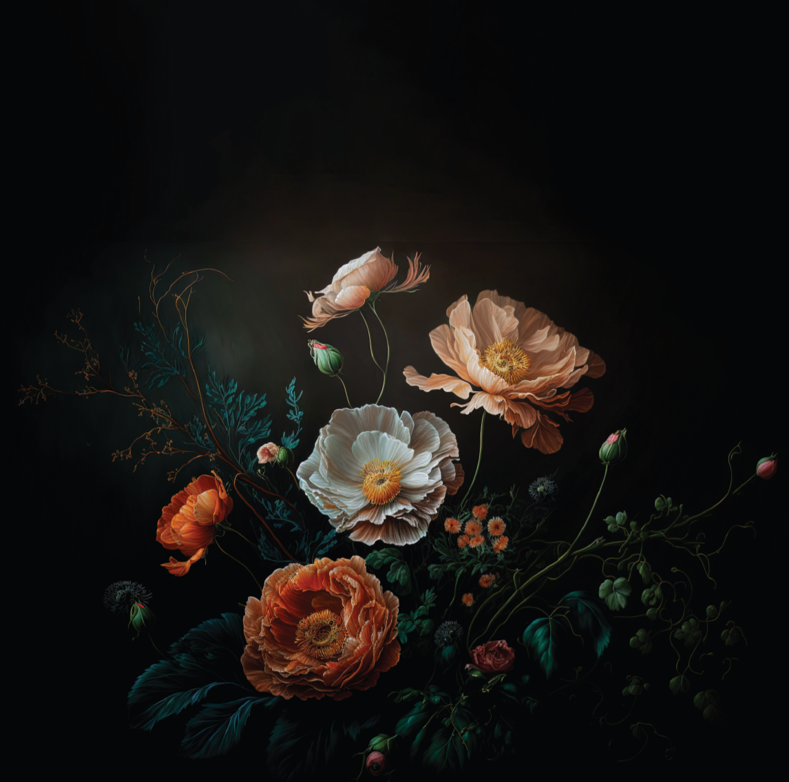 A dark background with a floral arrangement of glowing, detailed peonies and other flowers in warm tones.