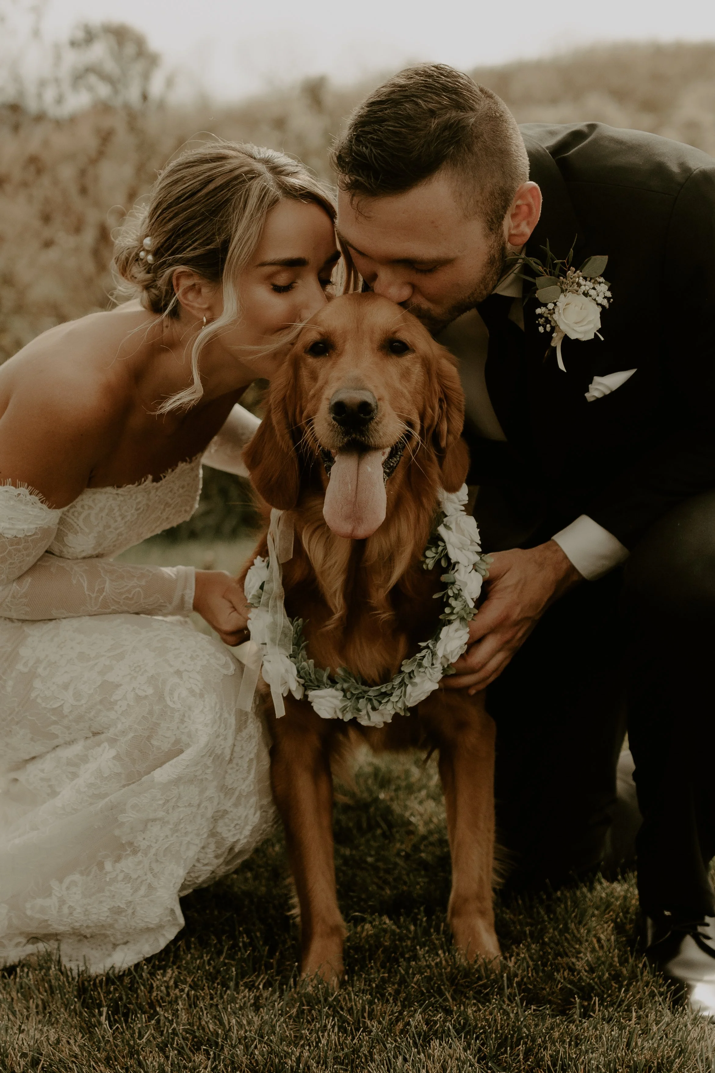 Bride and groom in wedding attire kissing a golden retriever, who is wearing a floral collar, outdoors during daytime.