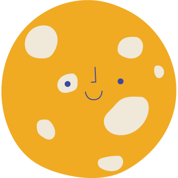 Cartoon-style image of a yellow, round cookie with white chocolate chips and a smiling face drawn on it.