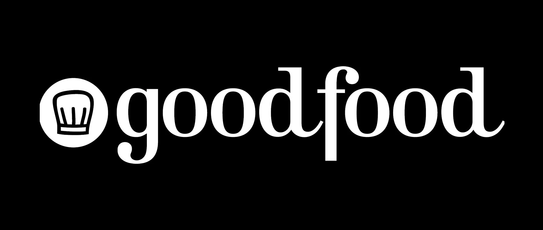 Black background with a white circular logo featuring a chef's hat on the left, and the word 'goodfood' in lowercase white letters to the right.