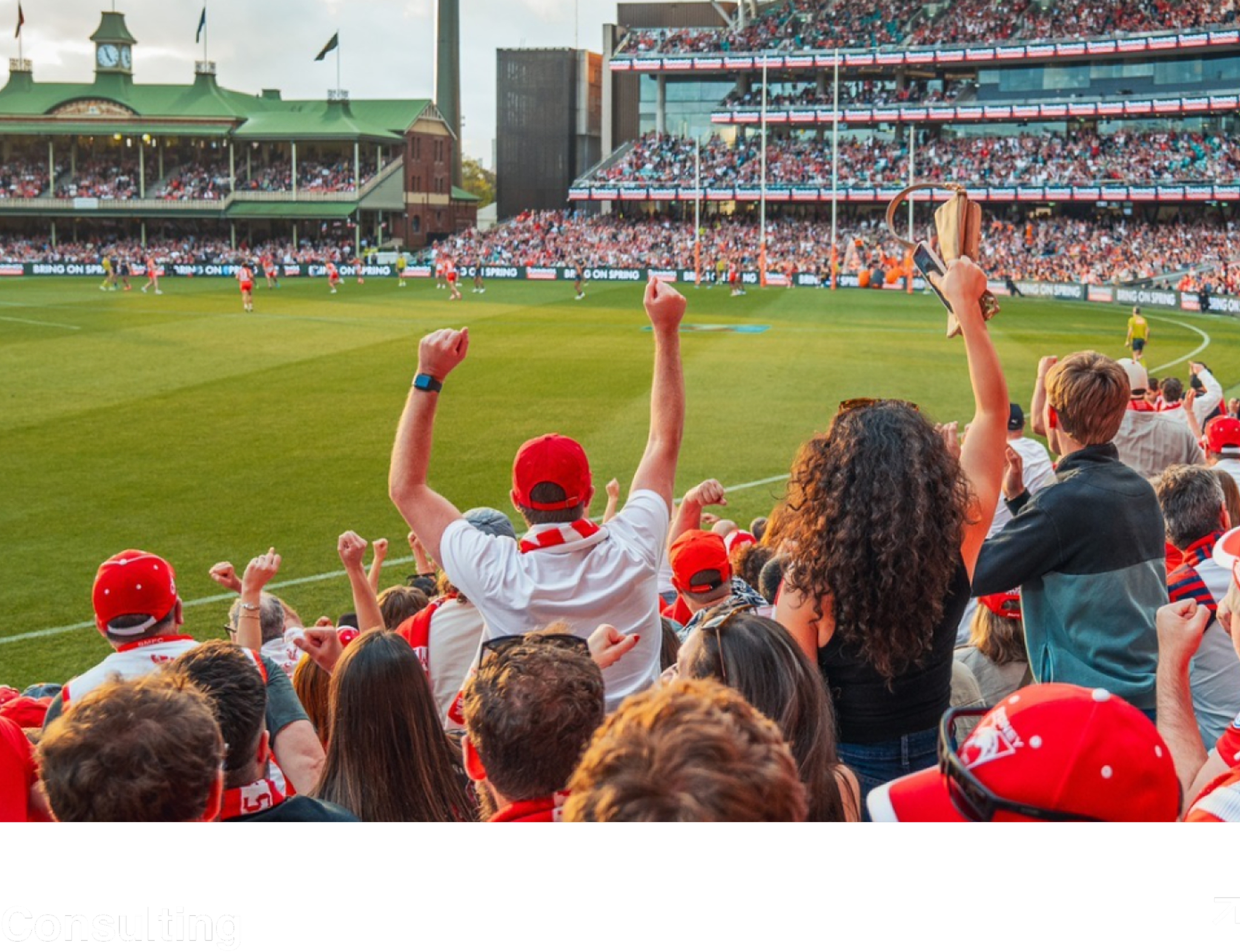 Crowds of sports fans at a stadium watching a game on the field, some cheering with fists raised and others using phones, with a large crowd in the stands.