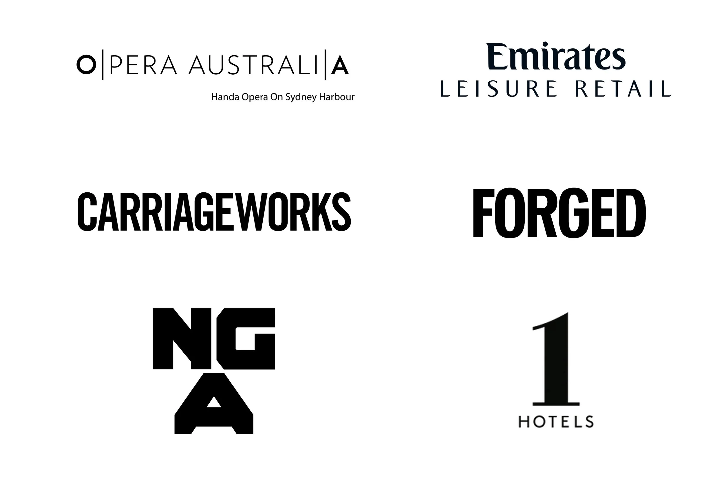 Text-based graphic with logos and words related to Sydney Harbour Opera, Emirates, Carriageworks, and hotels.