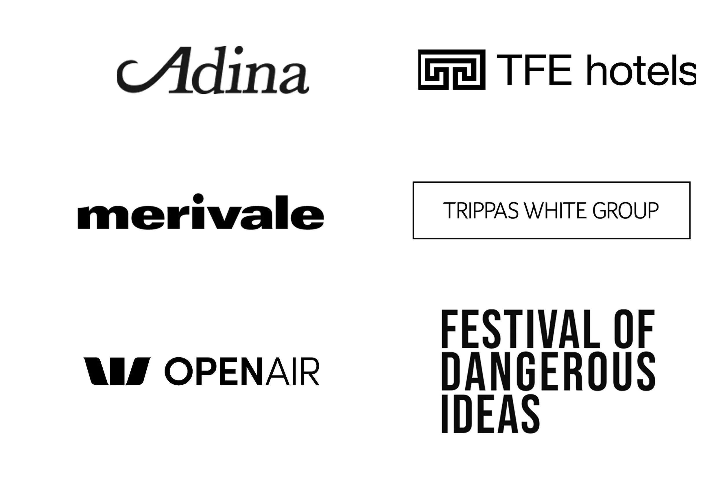 Collection of various logo designs and text, including 'Adina', 'TFE Hotels', 'Merivale', 'Trippas White Group', 'Open Air', and 'Festival of Dangerous Ideas'.