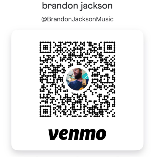 Venmo QR code with profile picture and name 'brandon jackson' and handle '@BrandonJacksonMusic'.