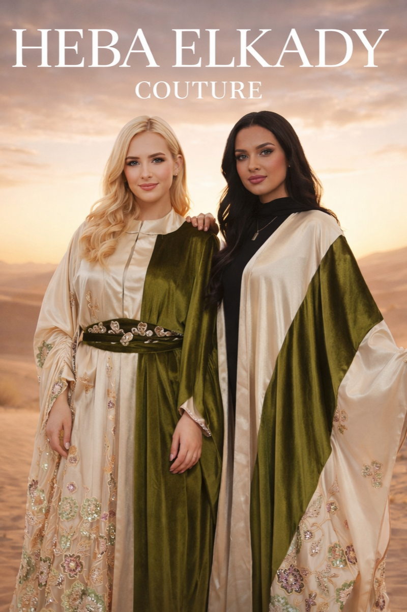Two women dressed in elegant, embroidered gowns standing outdoors at sunset, promoting Heba Elkady Couture.