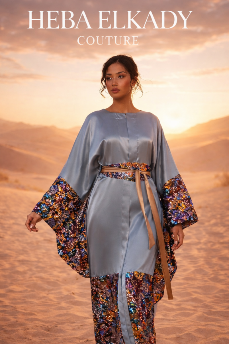 A woman modeling a satin and floral garment in a desert landscape at sunset, with the text 'HEBA ELKADY COUTURE' at the top.