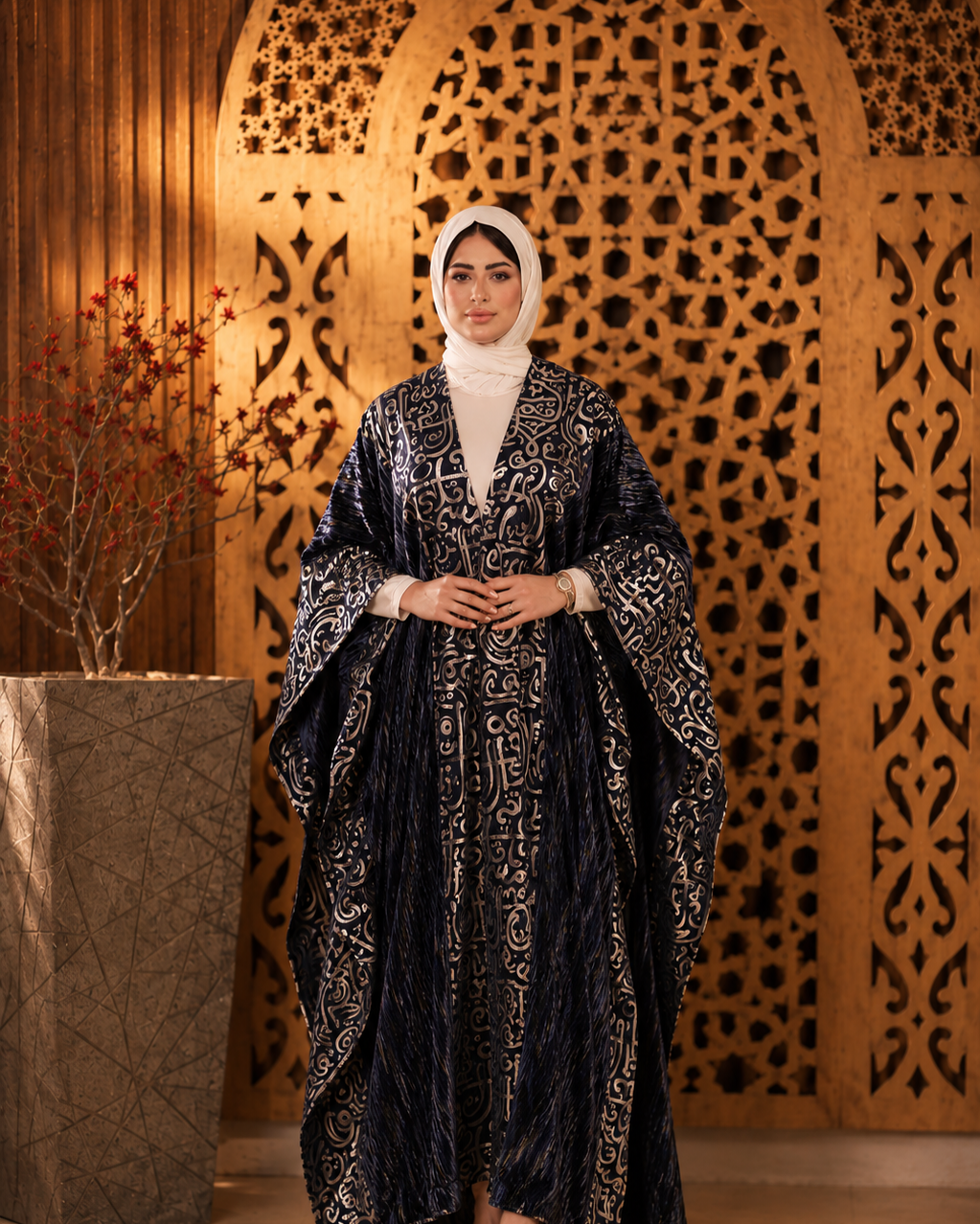 A woman wearing a white hijab, sunglasses, a long beige and blue embroidered coat, and a denim jumpsuit, holding a red purse, standing outside a building with glass doors and a lion statue logo with the text 'Heba Elkadey' in gold, and the words 'Timeless Presence' at the bottom.