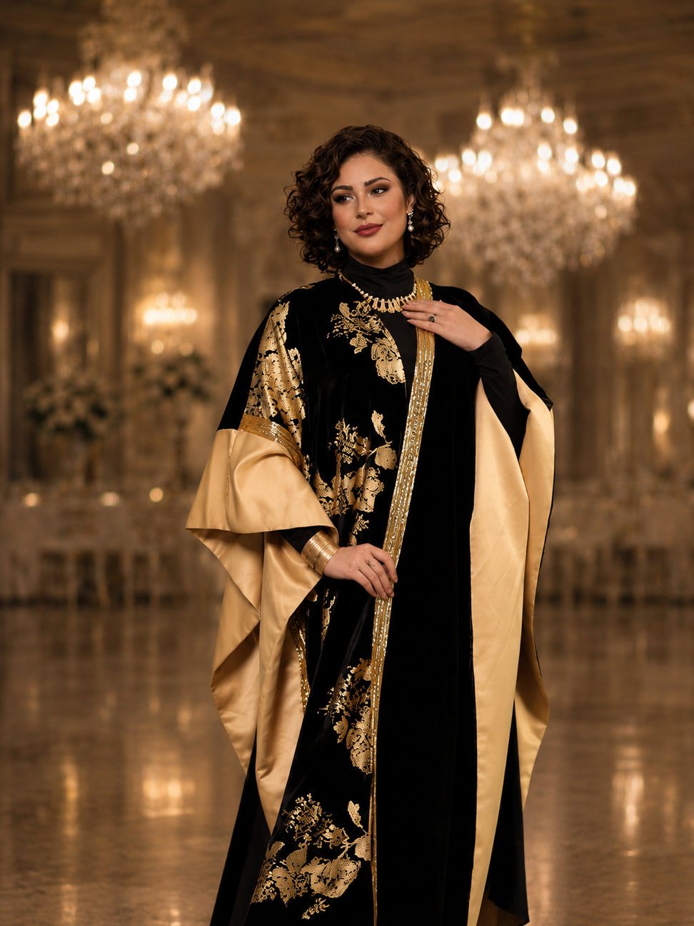 Heba ElKady wearing a black and gold embroidered outfit, accessorized with gold jewelry, standing in front of a luxurious background with chandeliers.