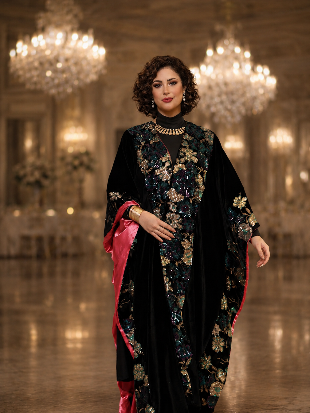 A woman with curly hair wearing a luxurious black and colorful embroidered dress, gold jewelry, standing in an elegant, chandelier-lit setting.