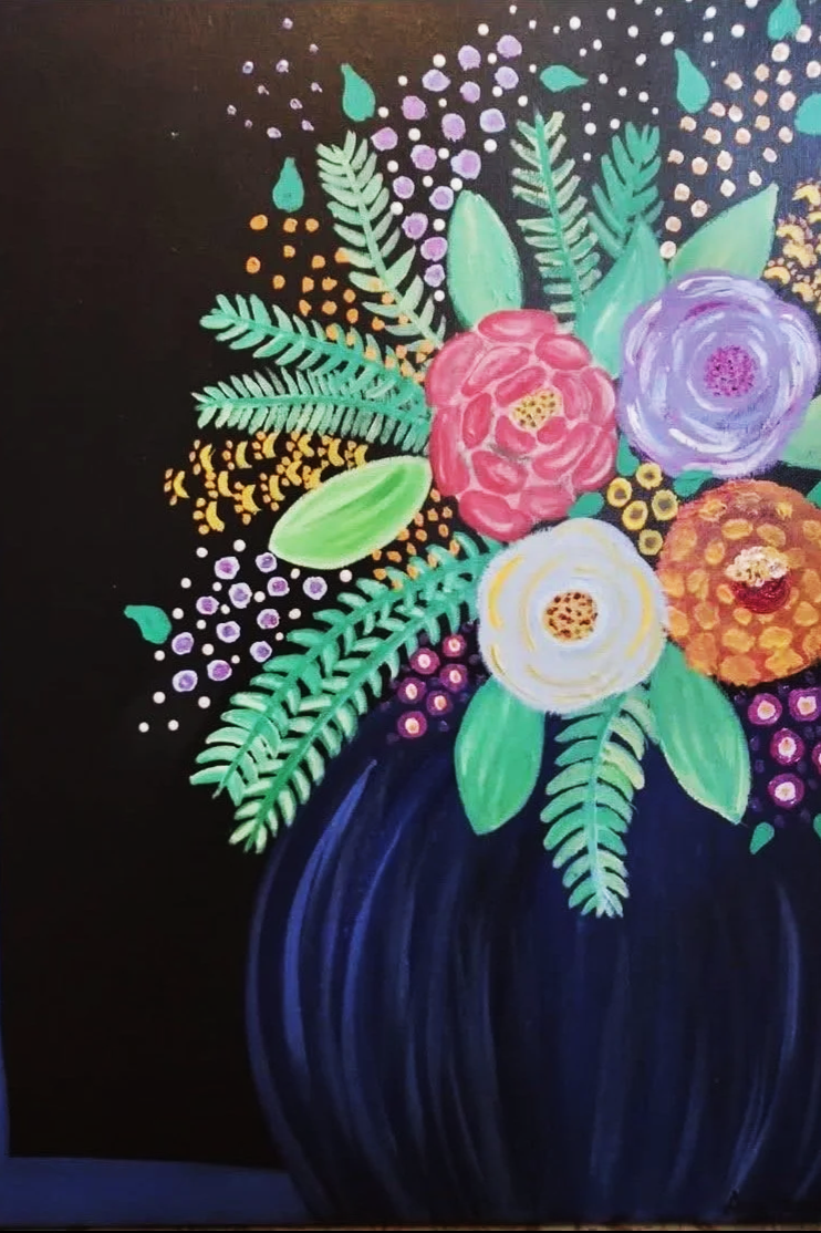 Colorful floral painting depicting a bouquet of pink, purple, white, and orange flowers with green leaves in a dark blue vase against a dark background.