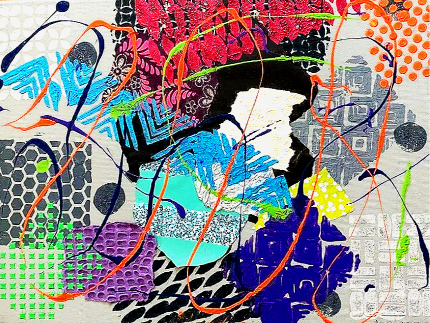 An abstract collage featuring various colorful patterns, shapes, and textures, with an overlapping silhouette of a person's profile.