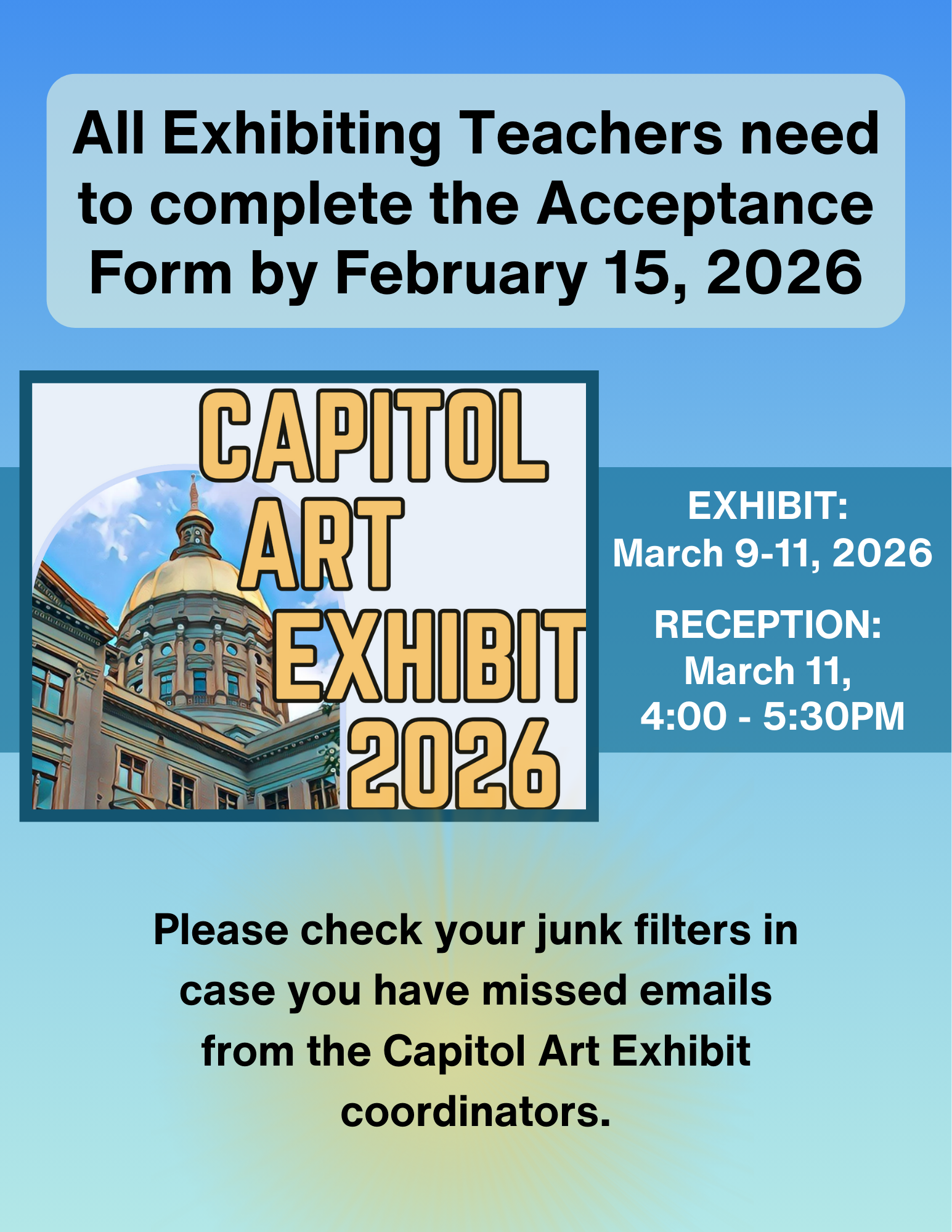 Click on the image for the Capitol Art Exhibit Acceptance Form and Exhibiting Teaching Information. 