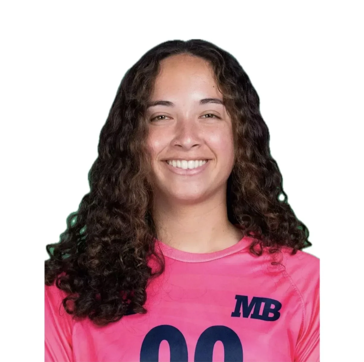 A young woman with long, curly brown hair smiling, wearing a bright pink sports jersey with the name "MB" and the number "00" on it.