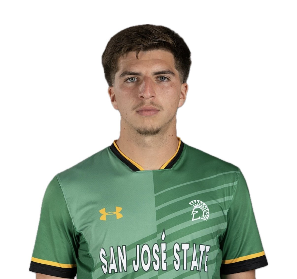 A young man in a green sports jersey with black and yellow trim, featuring the text 'SAN JOSE STATE' and a Spartan helmet logo, standing against a plain white background.