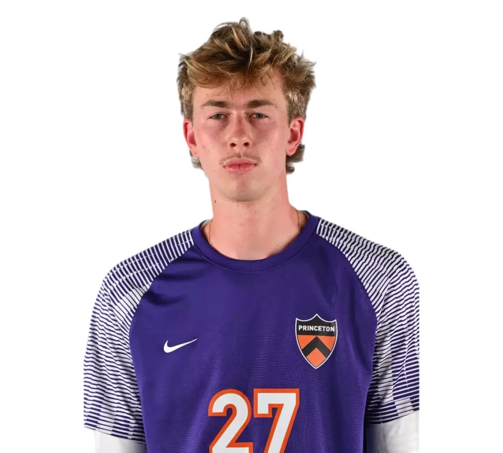 A young man with wavy blonde hair wearing a Princeton men's soccer jersey, number 27, against a plain white background.