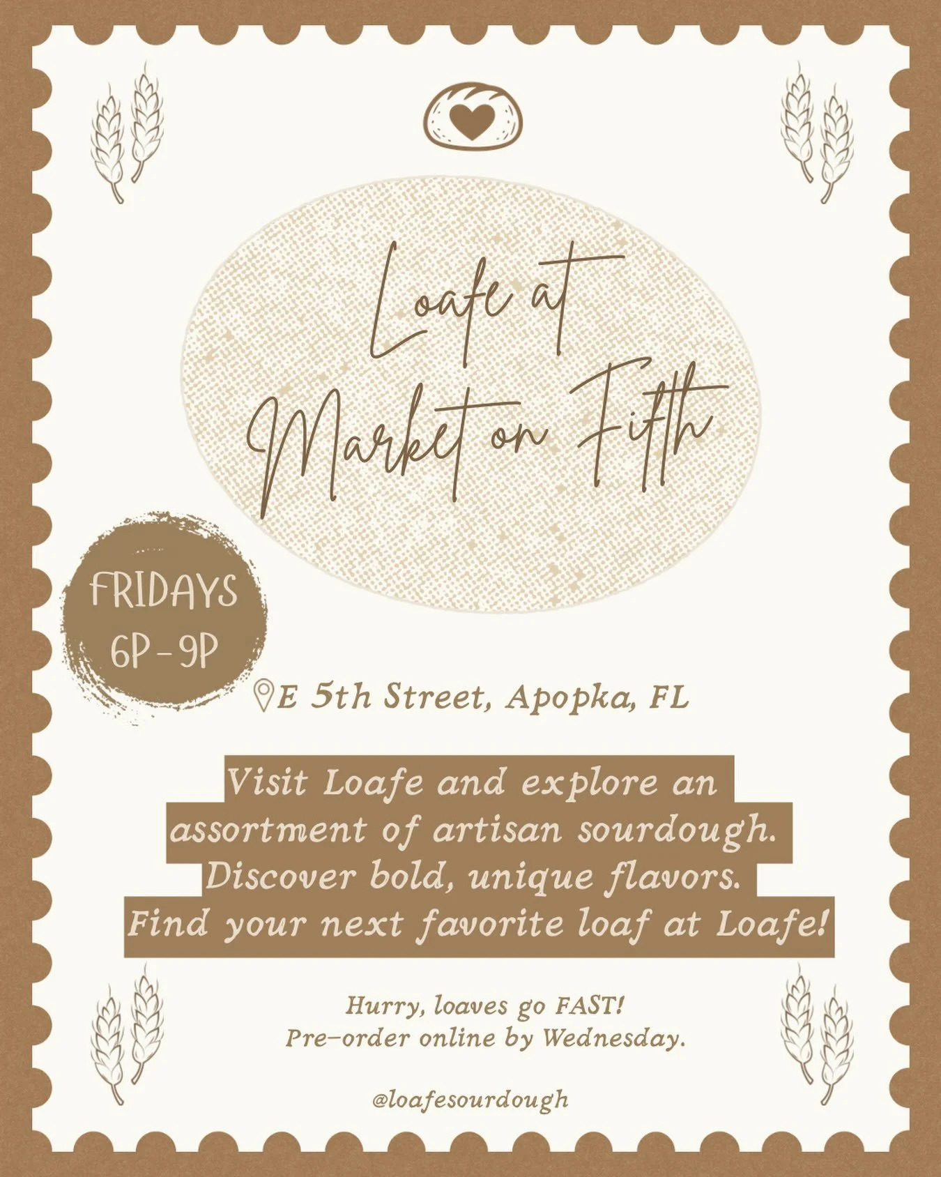 Loafe is joining @marketonfifth every Friday starting September 4th! 🤎
I&rsquo;m so excited to bring artisan sourdough to even more people and spread the joy of really good bread!!
Come find us Fridays from 6&ndash;9 PM in Apopka. See you there! 😆
