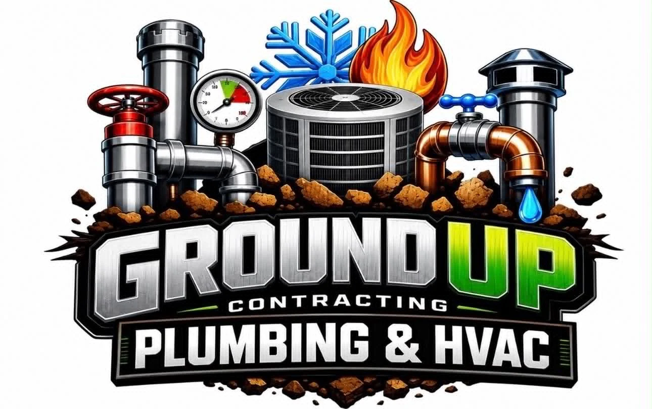 Ground Up Contracting logo with plumbing pipes, a heat and cool symbol, fire, snowflake, water droplet, and HVAC equipment.