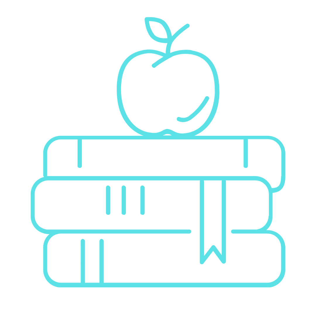 Line drawing of an apple placed on top of two stacked books, with a bookmark in the middle book.