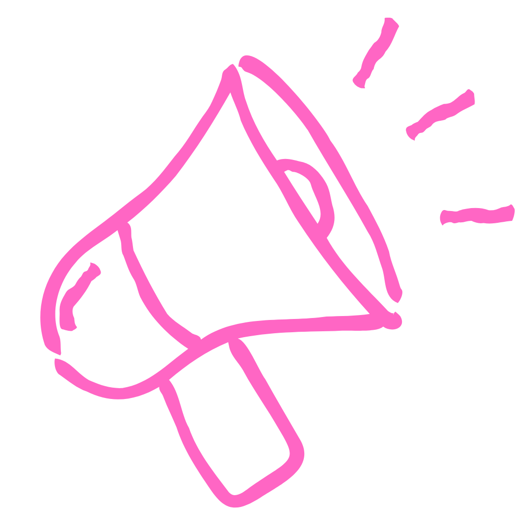 Pink neon-style outline of a hand gesture, with lines emanating from it, on a black background.