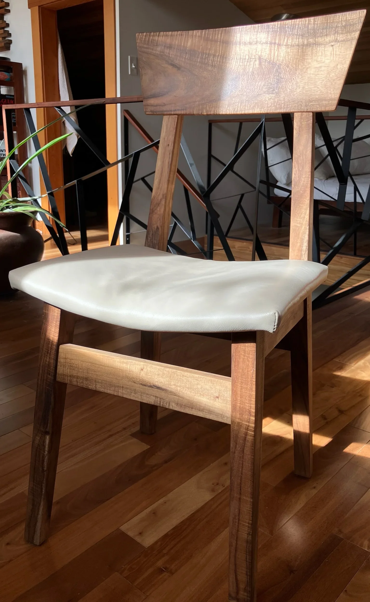 Dining Chair. Maui Lowland Koa and White Leather. Artist Prototype. $3,400