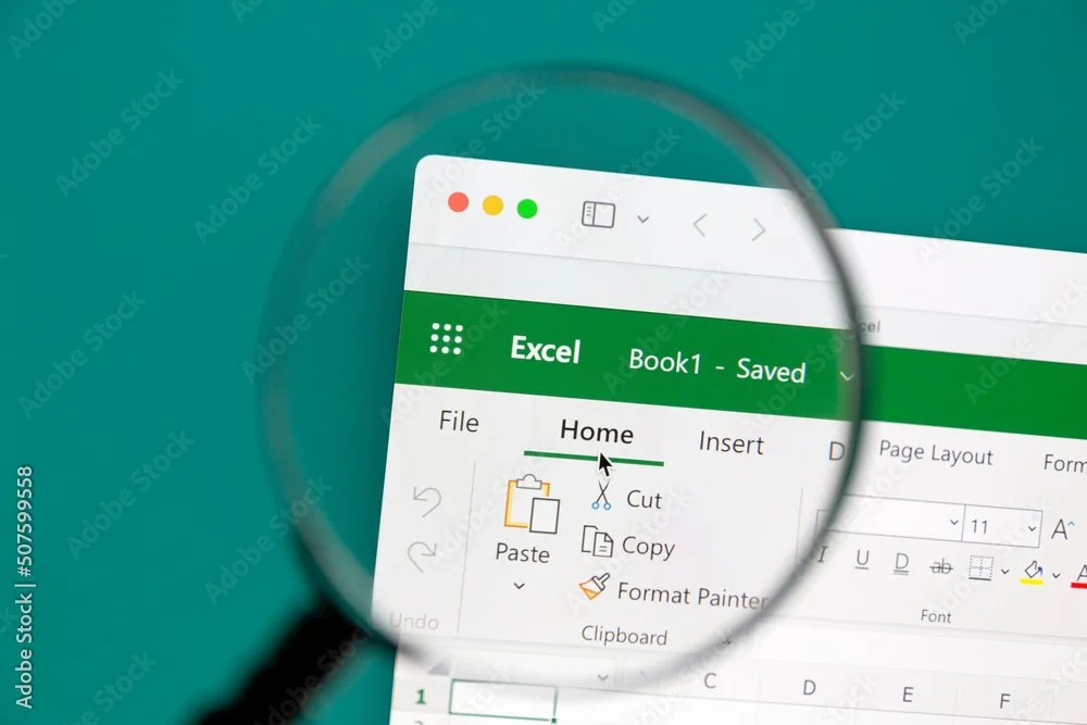 Computer screen showing an open Excel spreadsheet with the 'Home' tab selected, viewed through a magnifying glass.