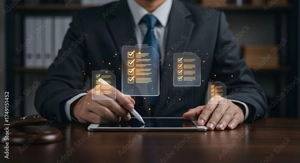 Businessperson in suit using a digital tablet with holographic checklist icons.