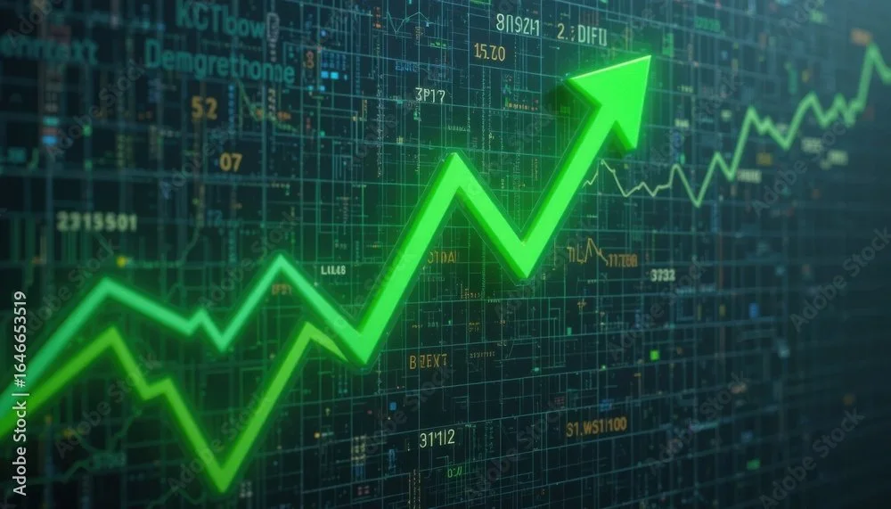 Digital stock market chart showing an upward trend with a bright green arrow pointing upwards.