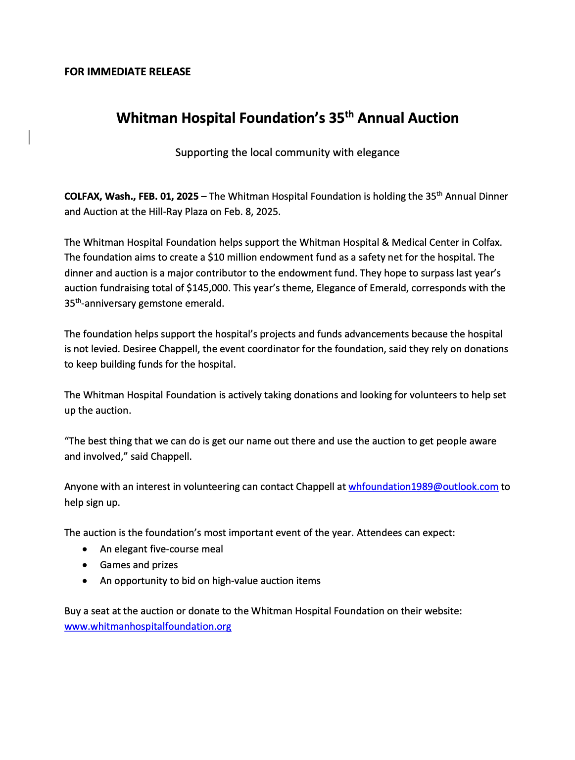 Press release for Whitman County Hospital Foundation pg. 1