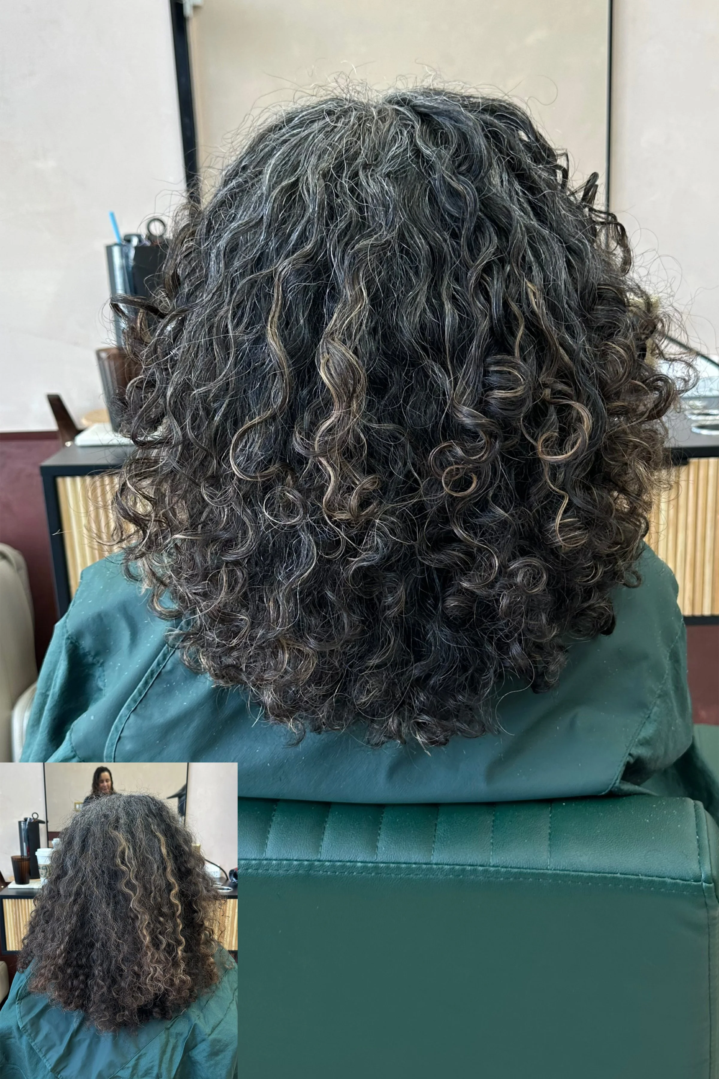 4a hair, 4b hair, 4c hair, 3b hair, curly, coily hair, kinky hair,  shoulder-length curly hair that is dark with some gray highlights, grey blending embracing. colour specialist east vancouver colour expert. grey