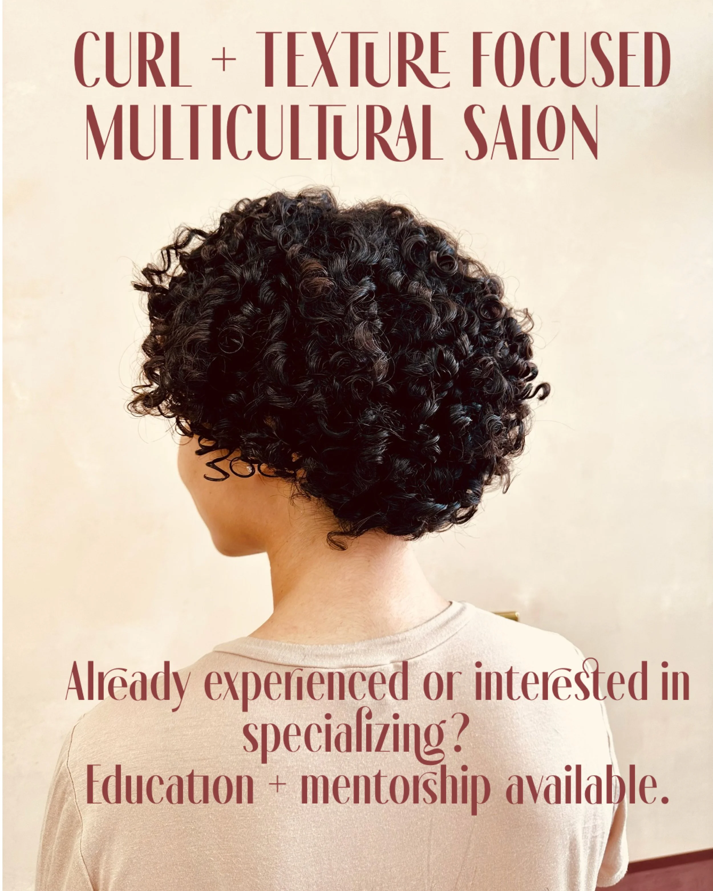 4a hair, 4b hair, 4c hair, 3b hair, curly, coily hair, kinky hair, wavy hair. hiring for stylists, barbers, curl specialists, locticians, jobs available