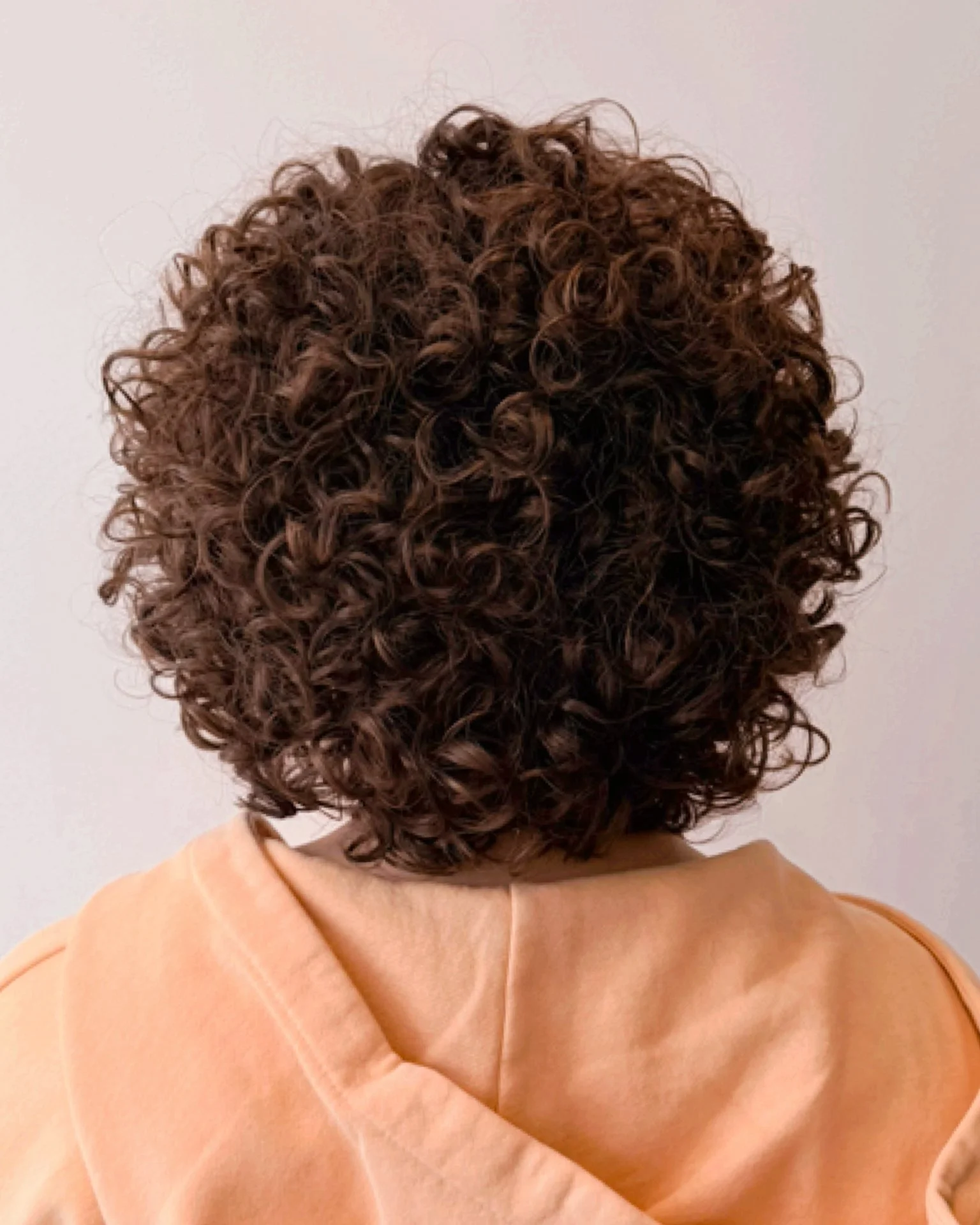 Back view of a person with dark brown, tightly curled hair wearing a peach-colored hoodie. 4a hair, 4b hair, 4c hair, 3b hair, curly, coily hair, kinky hair, wavy hair.