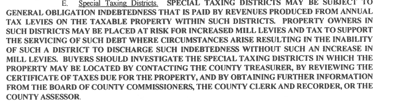 excerpt from a Colorado real estate contract describing special taxing districts