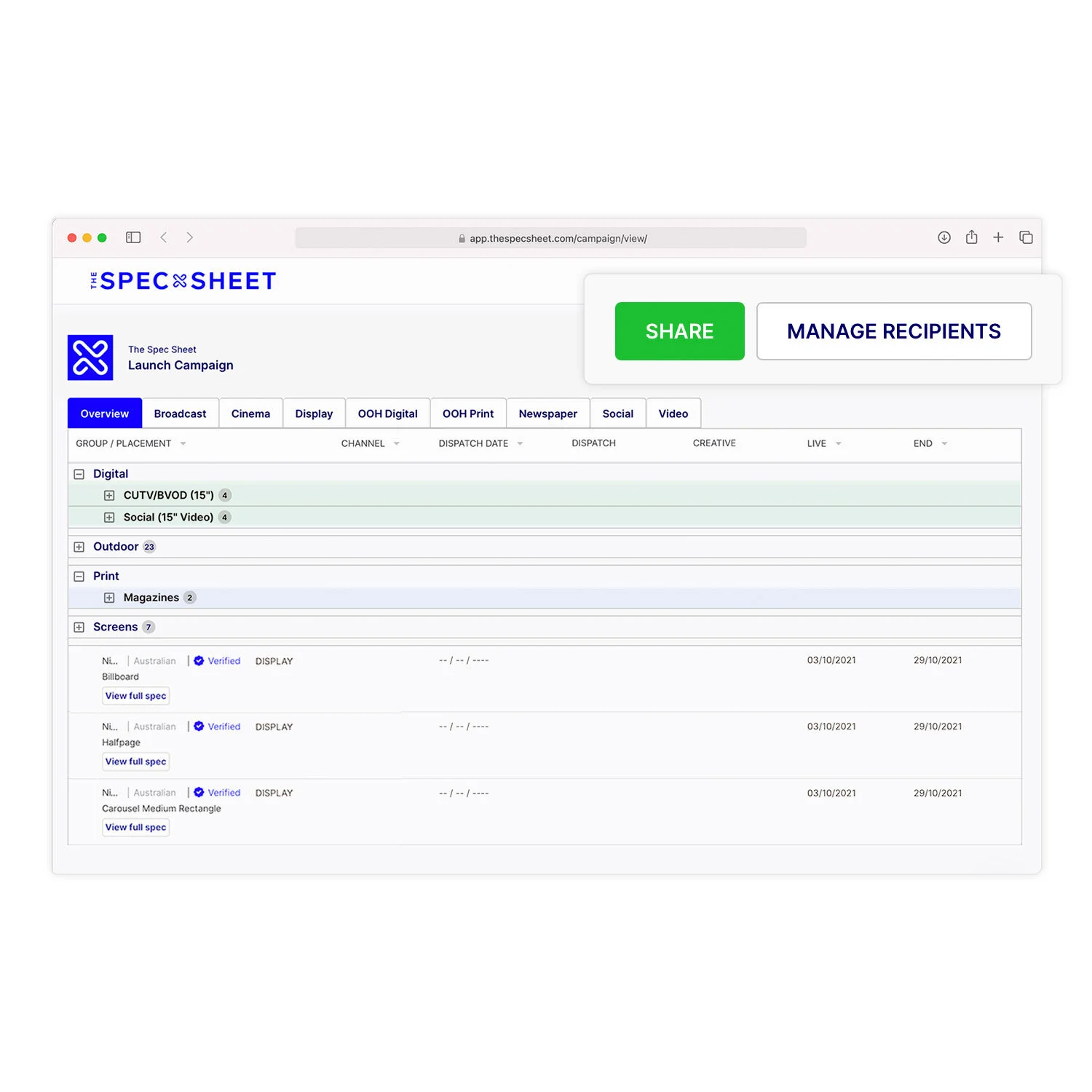 The sharable Spec Sheet you get
