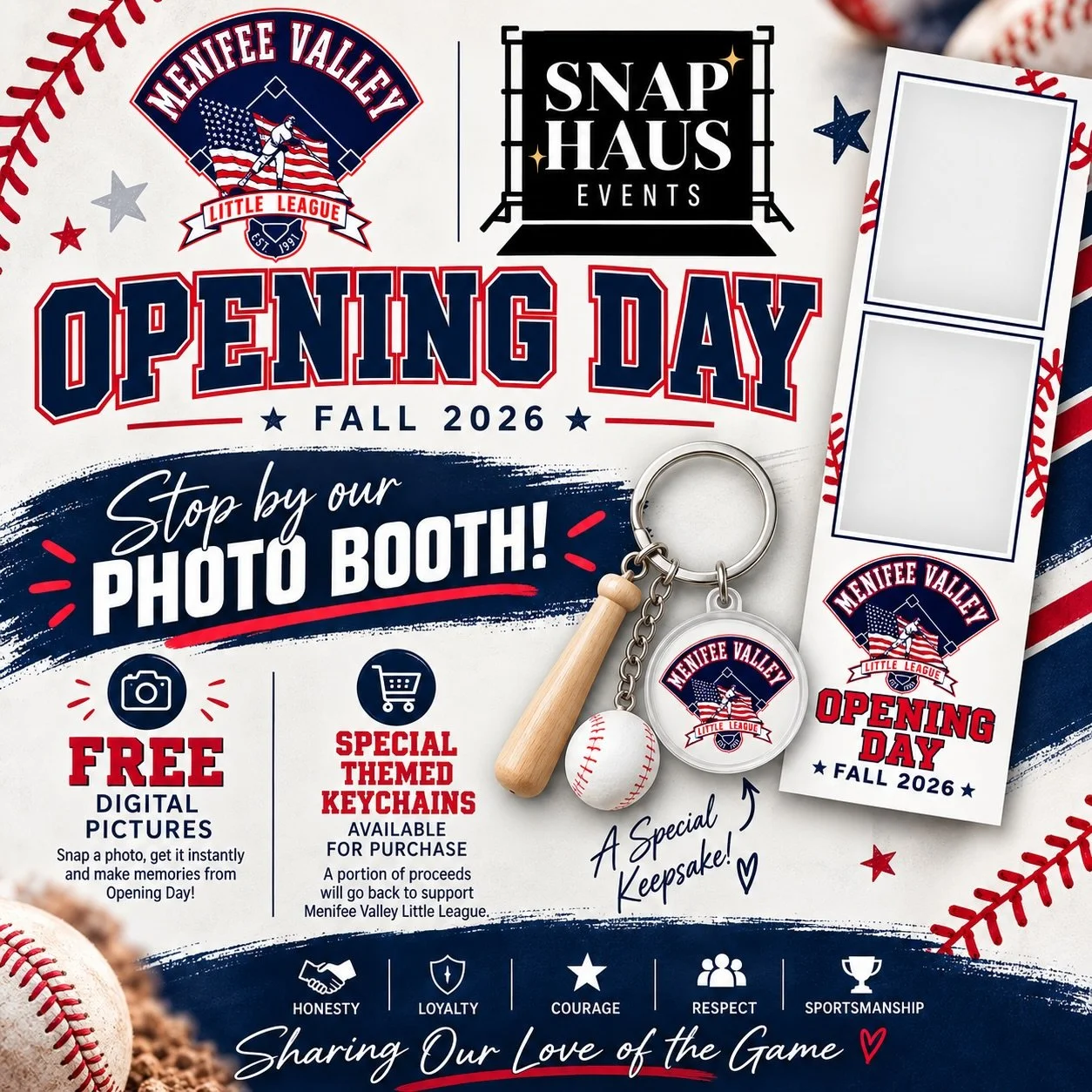 ⚾️ Opening Day just got a little more memorable! 📸❤️

Families, make sure you stop by the Snap Haus Events Photo Booth at MVLL Opening Day for your FREE digital photos! Then turn your favorite shot into a special double-sided MVLL keychain, made rig