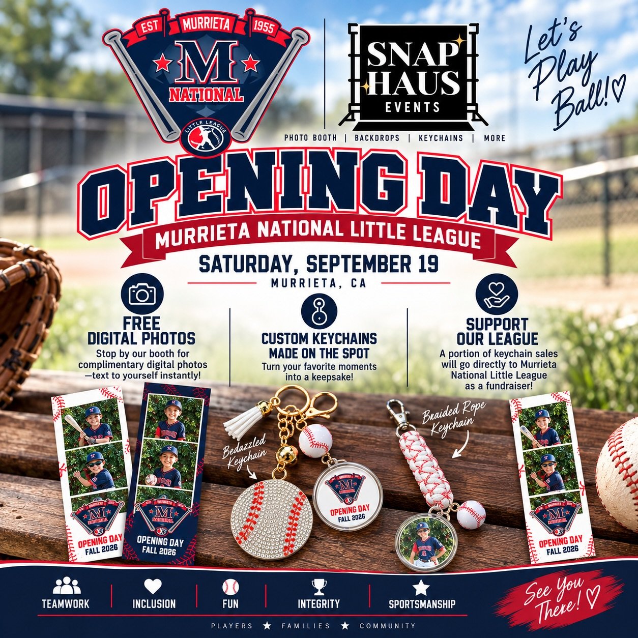 ⚾️ MURRIETA NATIONAL LITTLE LEAGUE &mdash; ARE YOU READY?! ❤️💙
Opening Day is September 19 and Snap Haus Events is bringing the FUN! 📸⚾️ Grab your player, their teammates, siblings, grandparents &mdash; the whole baseball crew &mdash; and come see 